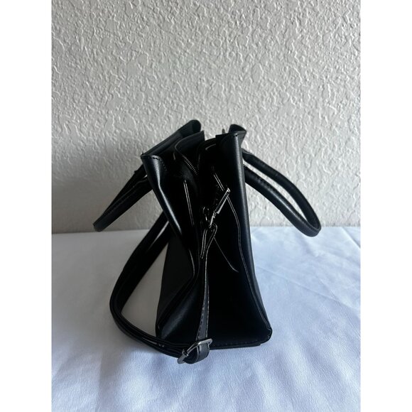 Women Black Faux Leather Satchel Bag With Double Top Handle Zipper Handbag - Picture 2 of 9